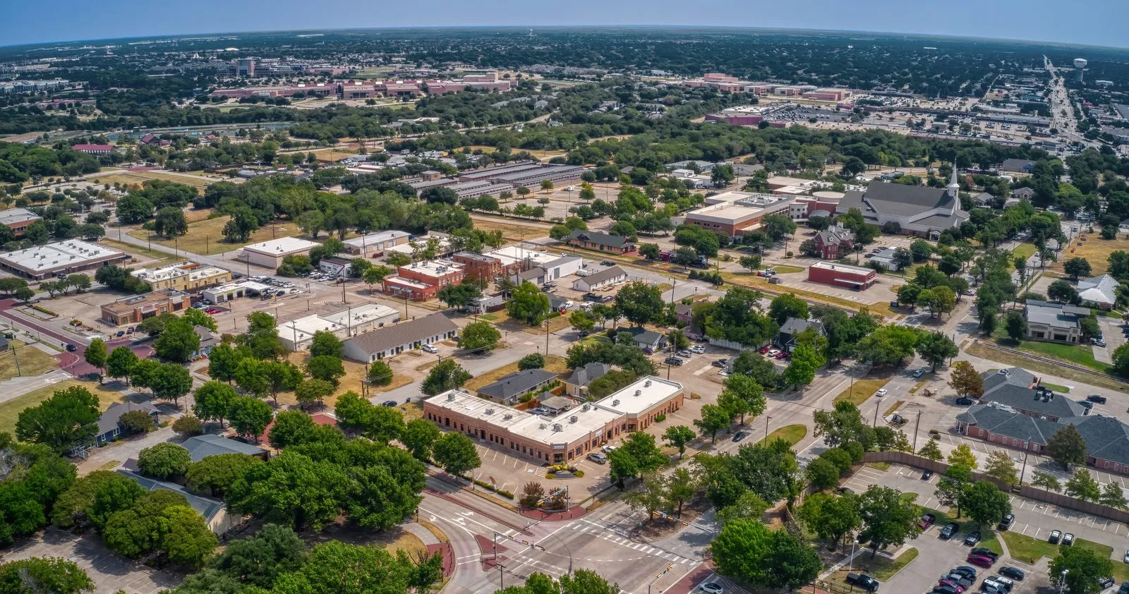 Aerial view of central Allen, Texas, a North Texas suburb in Collin County
