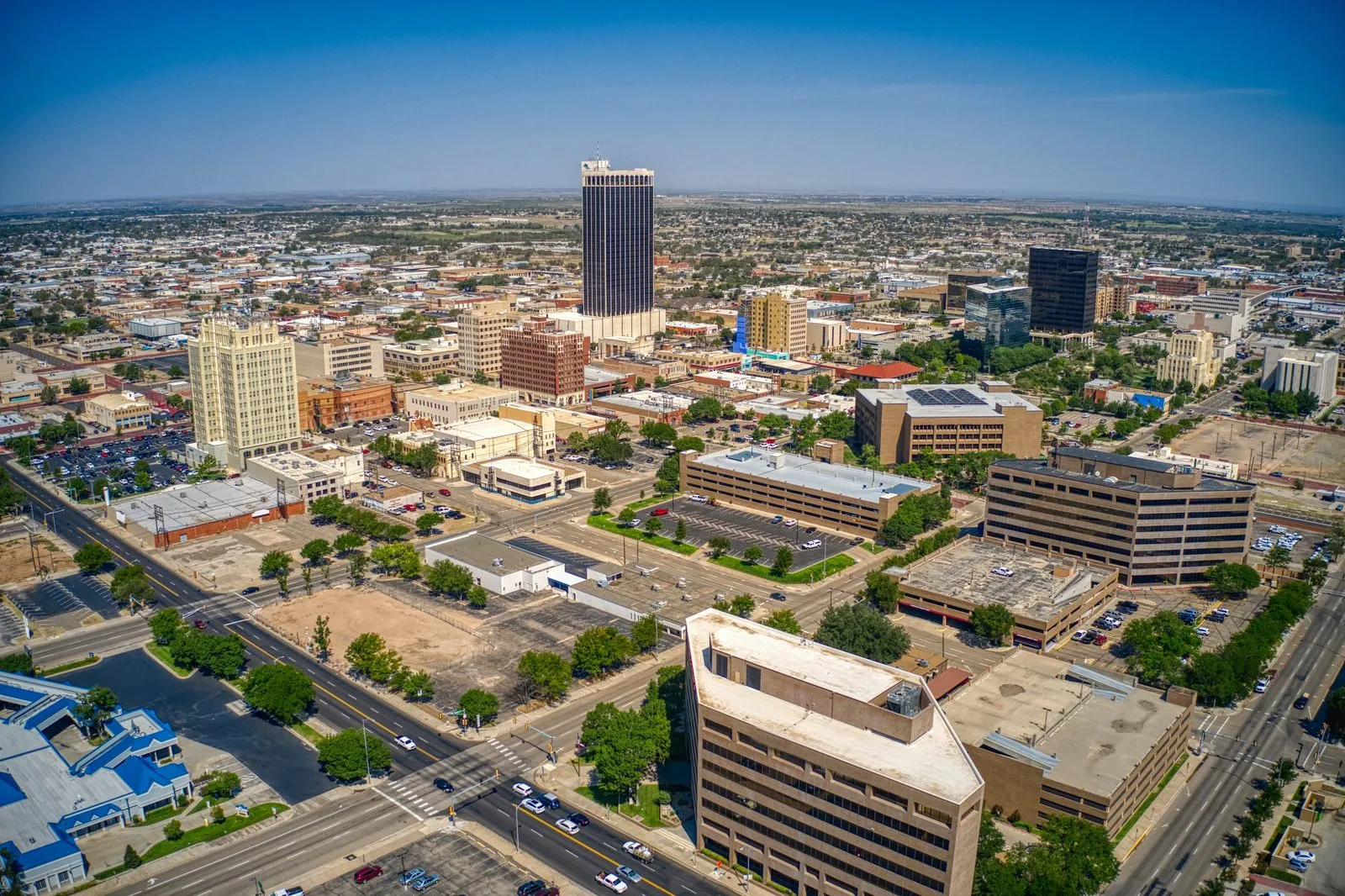 Aerial view of downtown Amarillo, Texas in summer, with the flat Panhandle stretching to the horizon