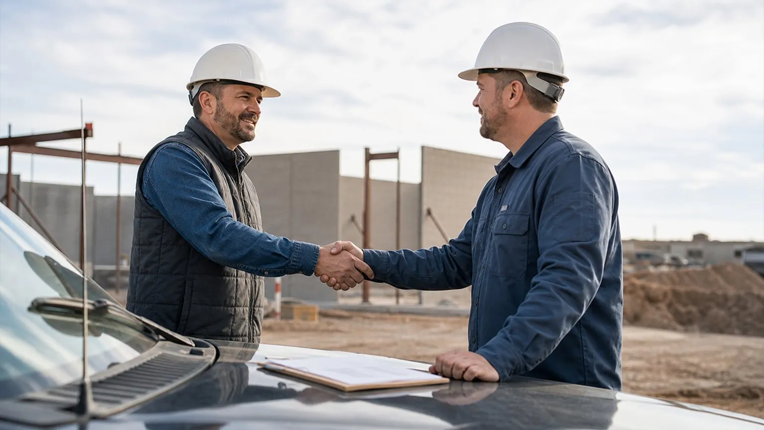 General contractor and subcontractor shaking hands on a job site