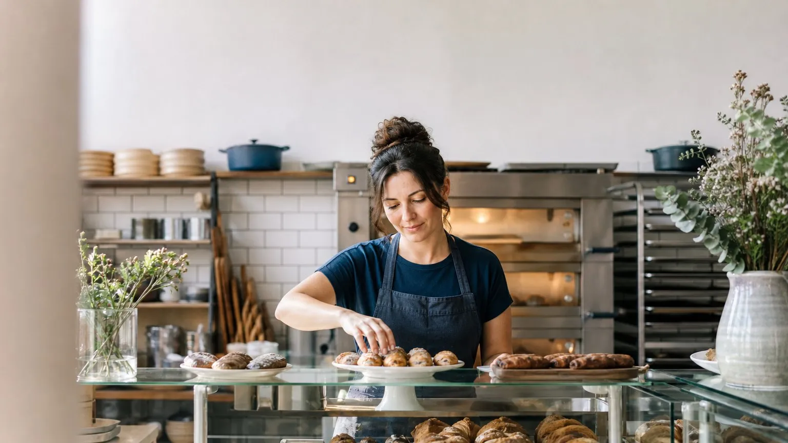Bakery owner arranging pastries in the display case before opening