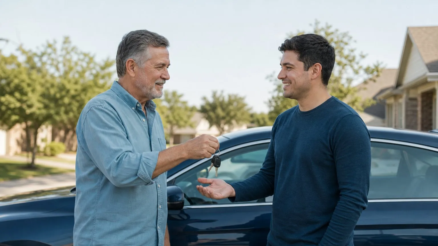 Father handing car keys to his adult son in the driveway