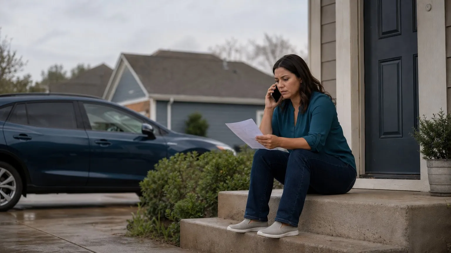 Driver on her front steps on a phone call, holding a letter, car in the driveway