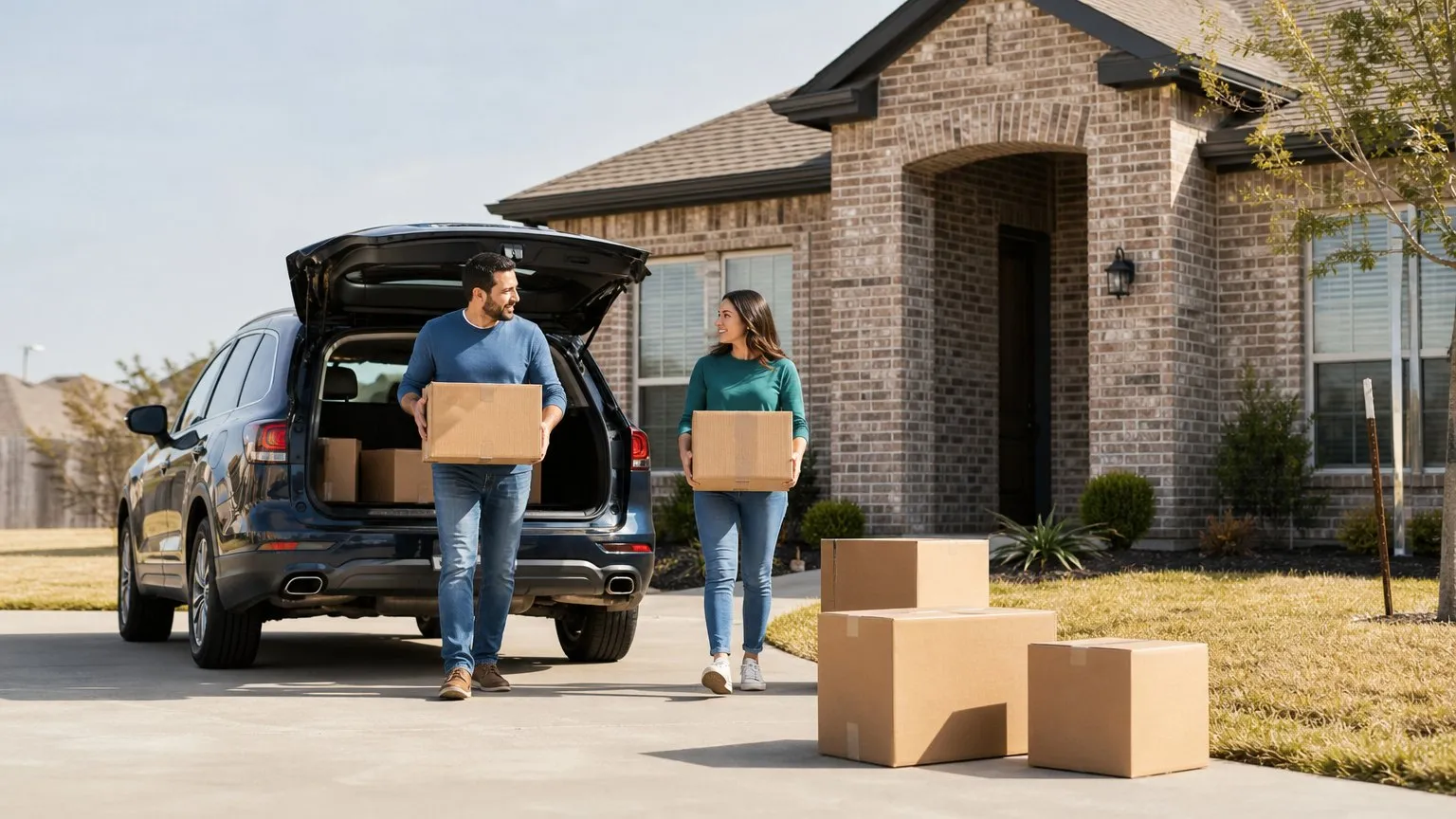 Couple unloading moving boxes from an SUV at their new Texas home