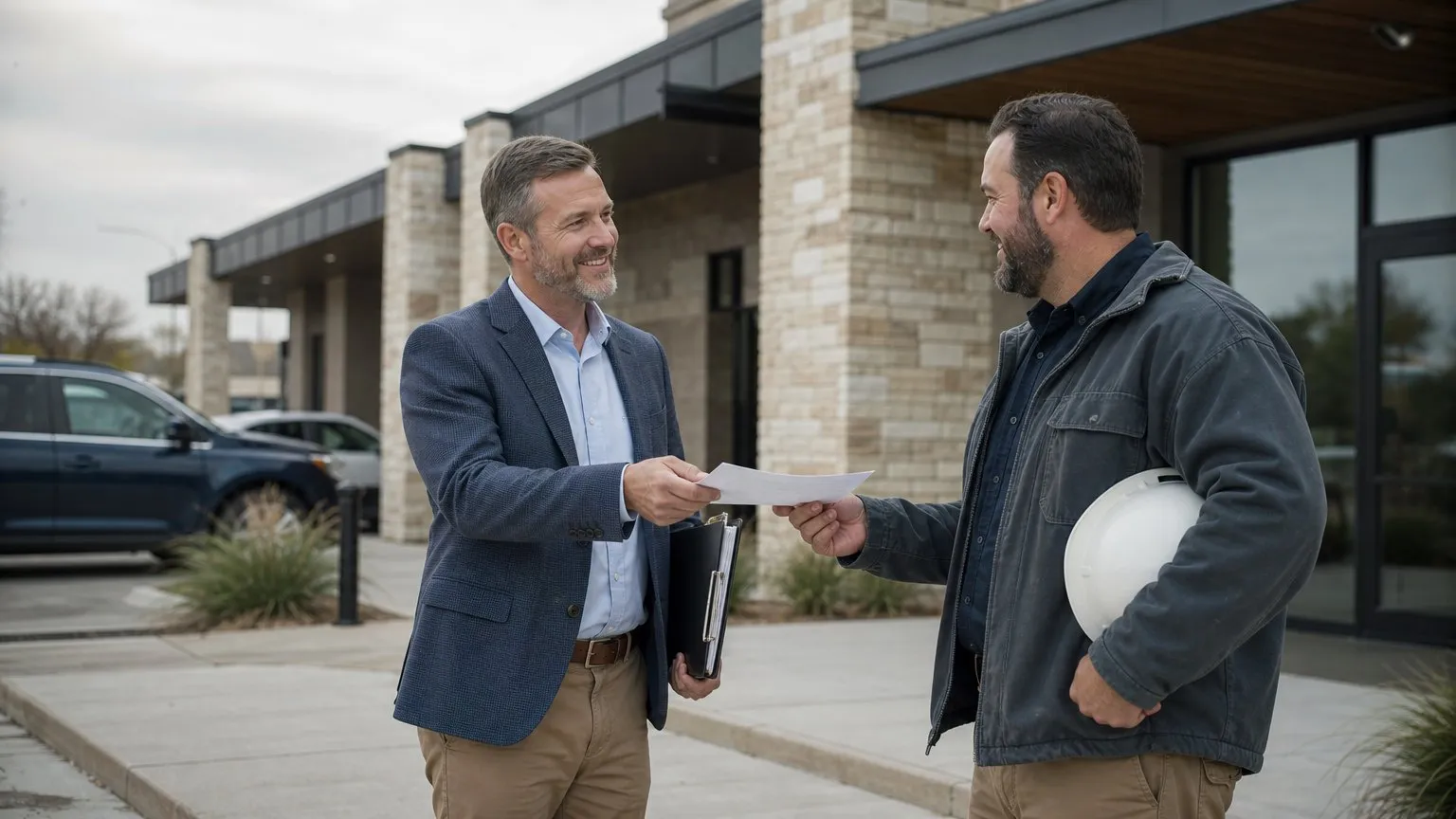 Property manager handing a printed certificate to a contractor at a building entrance
