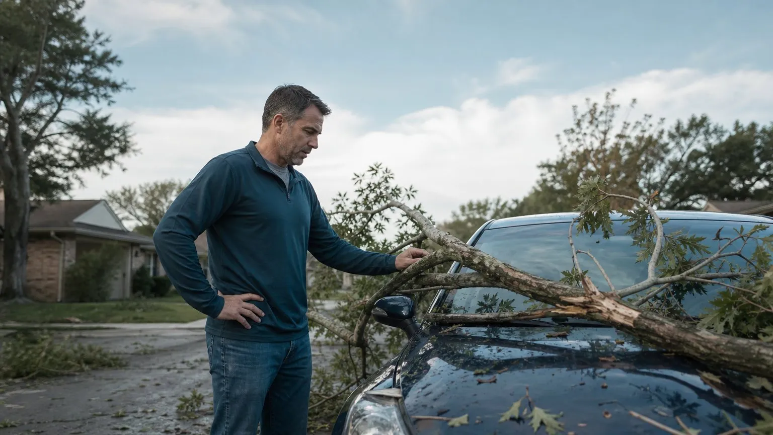 Fallen tree branch on the hood of a parked sedan after a storm