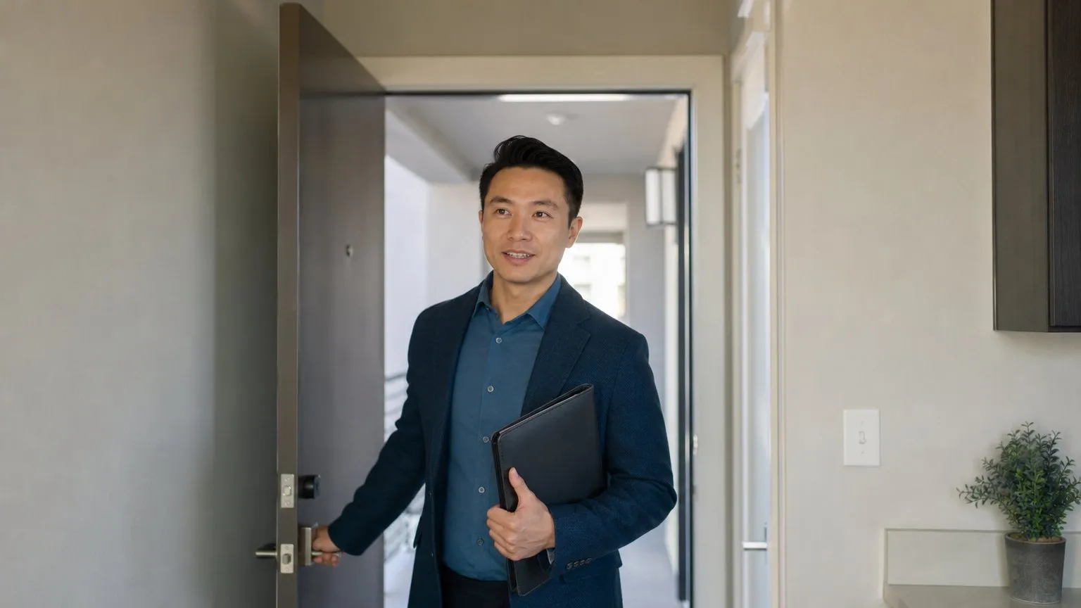 Condo owner at his unit door holding a folder, looking out to the shared corridor