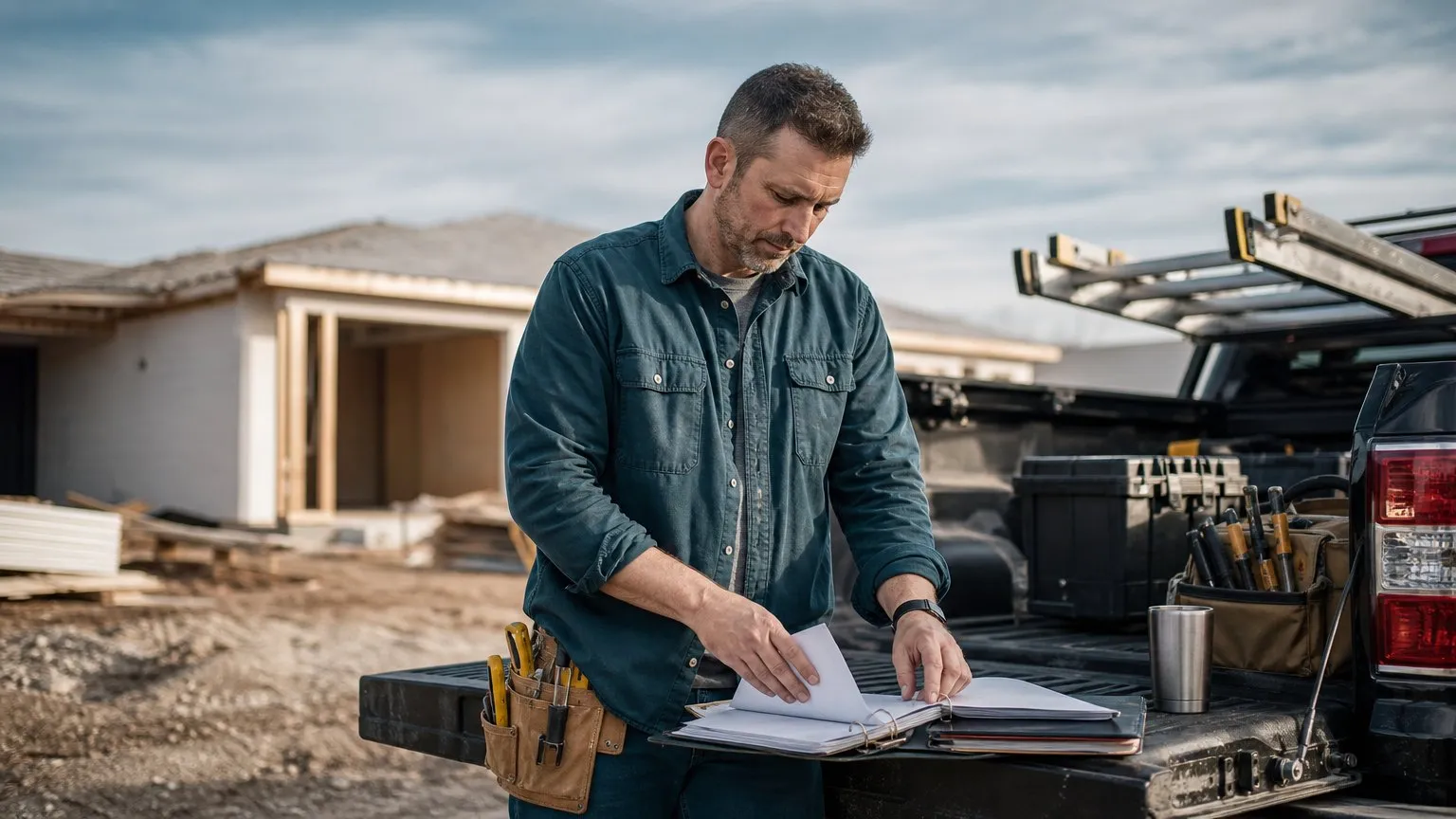 Tradesman organising a folder of documents on his work truck tailgate