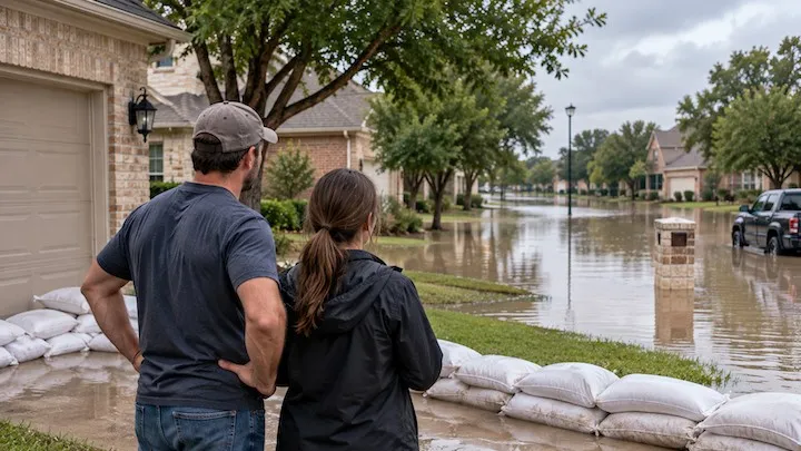Homeowners behind a row of sandbags watching floodwater cover their Texas street