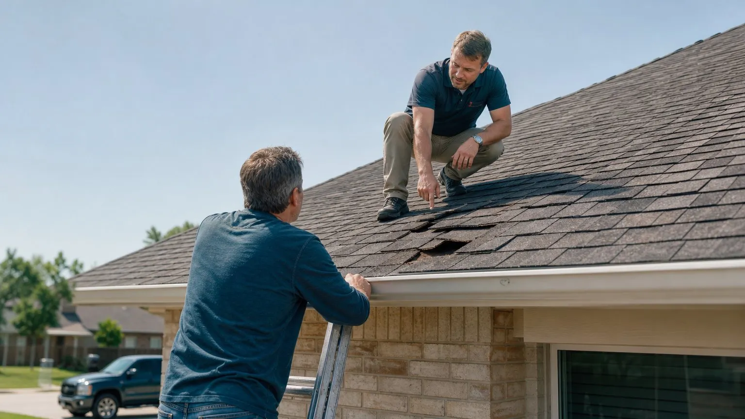 Roofer pointing out storm damage on a shingled roof to the homeowner
