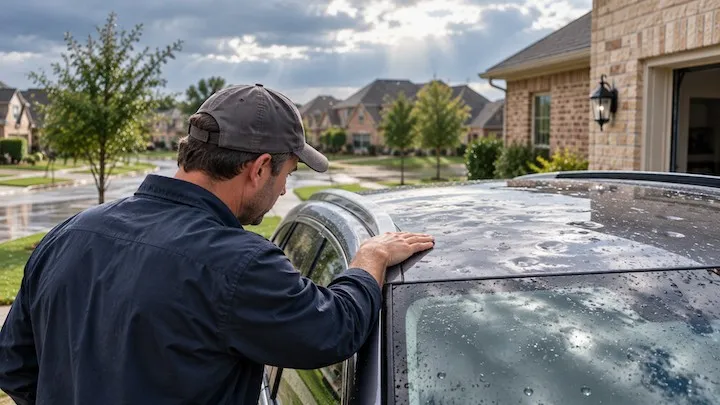 Man checking hail dents on the roof of a car parked in a Texas driveway after a storm