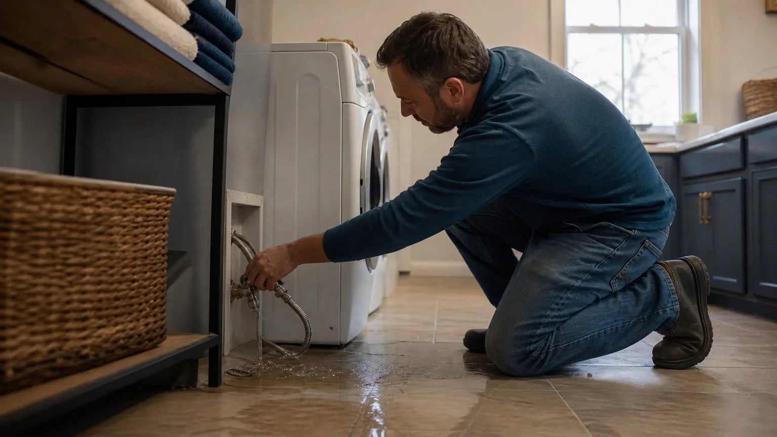 Homeowner shutting off a leaking washing machine supply line in a utility room