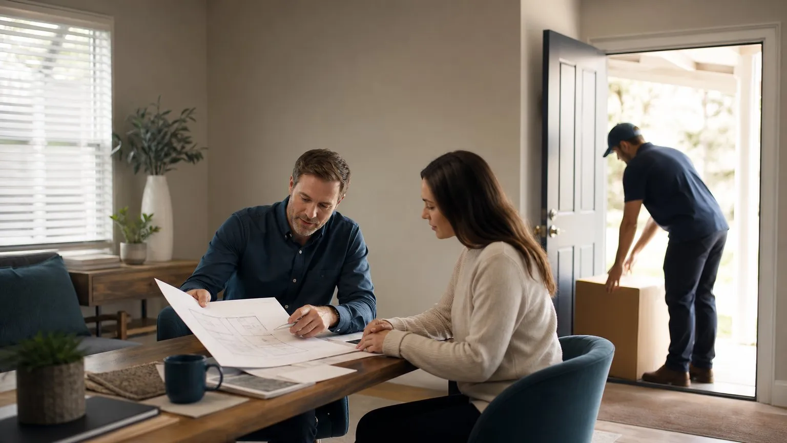 Consultant presenting a plan to a client in a small office while a delivery is set down at the door