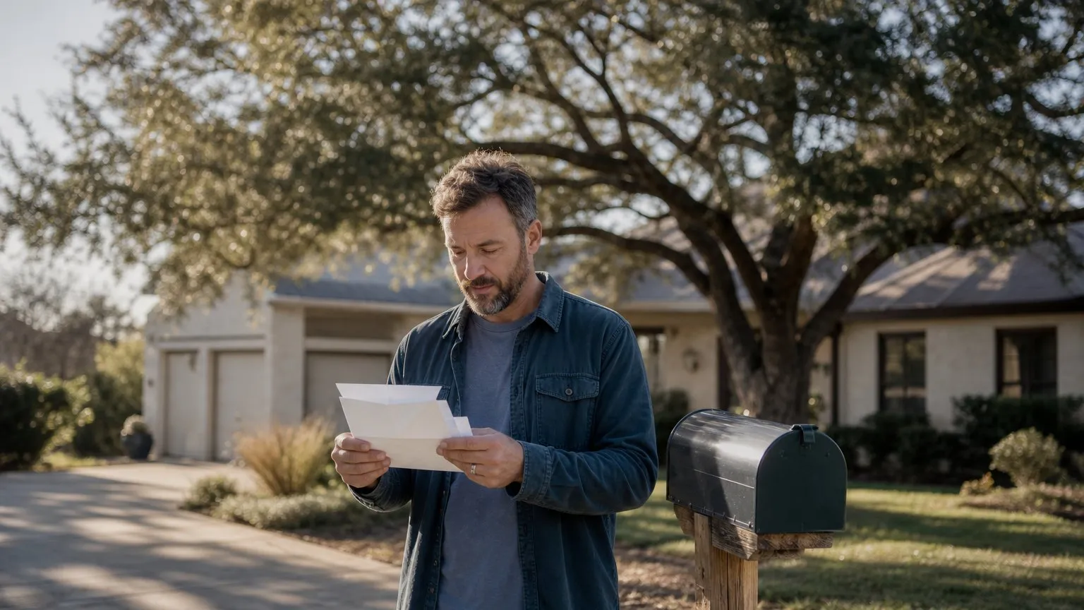 Homeowner at the mailbox reading an opened letter