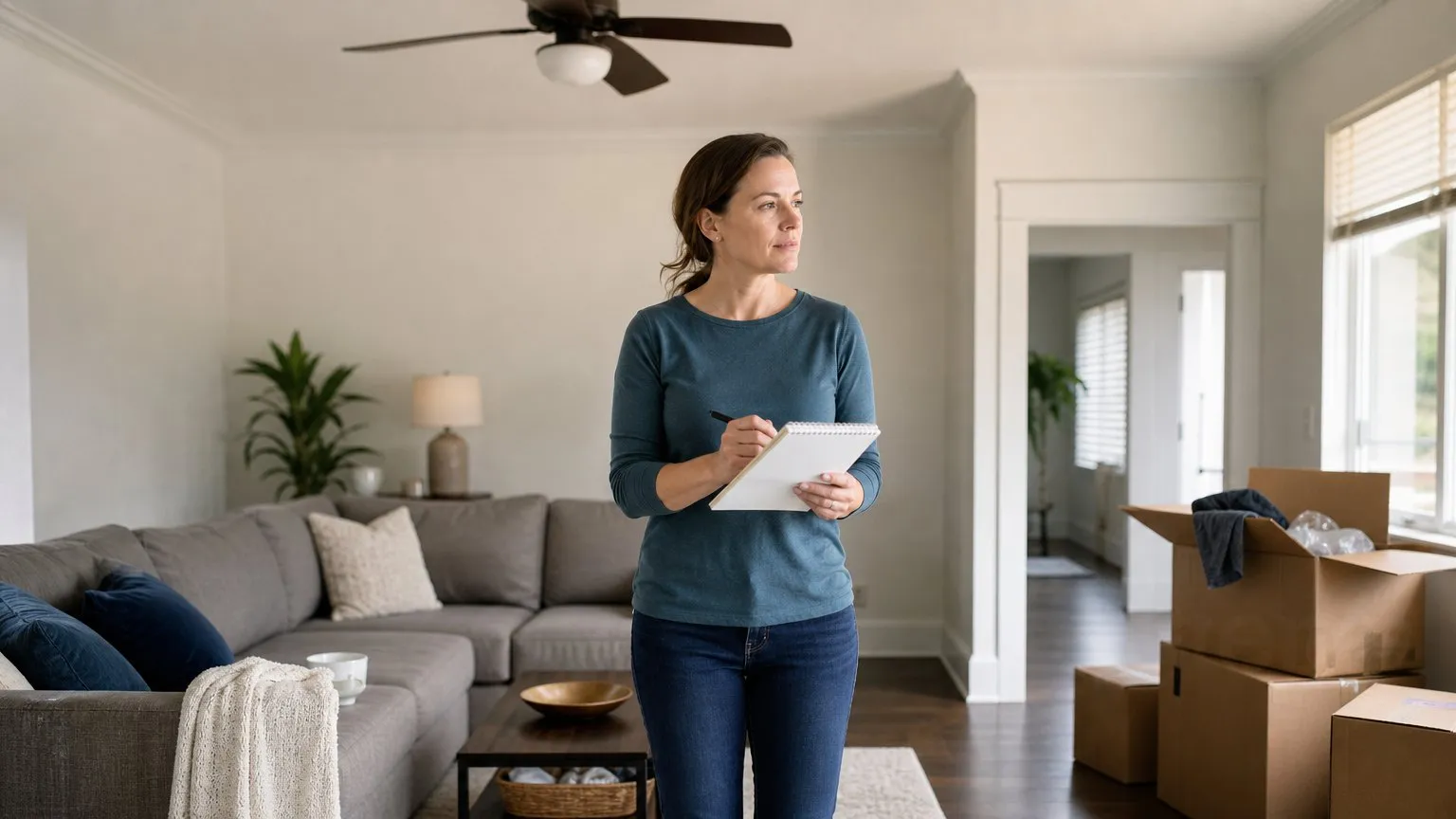 Homeowner taking stock of belongings in a bright living room with a notepad