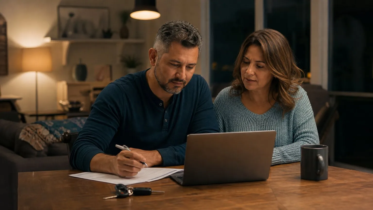 Couple reviewing a household budget at a dining table with a laptop and car keys