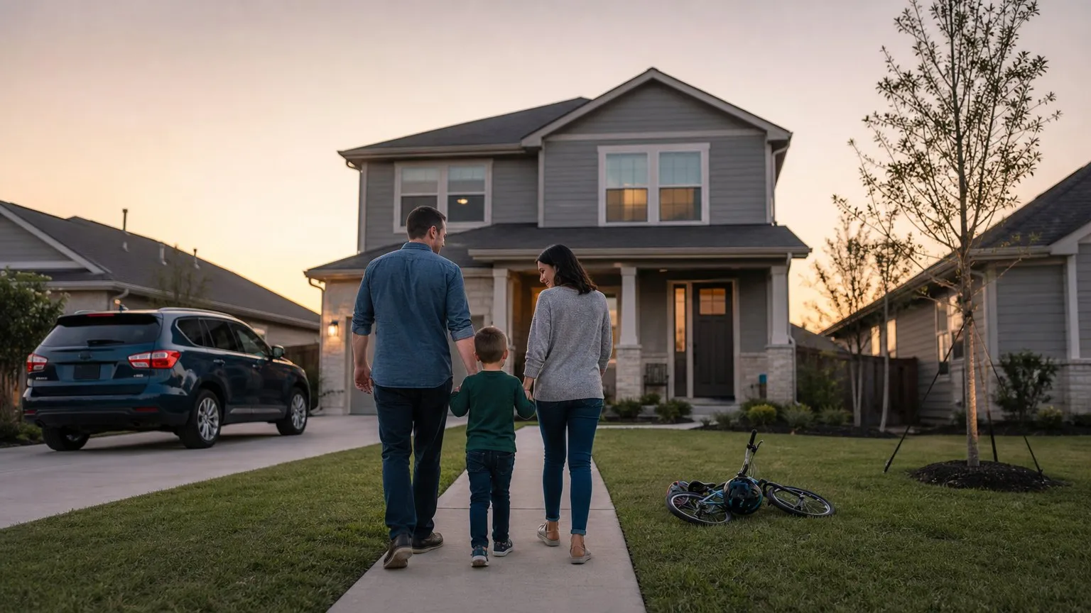 Family walking up the front path to their two-storey home