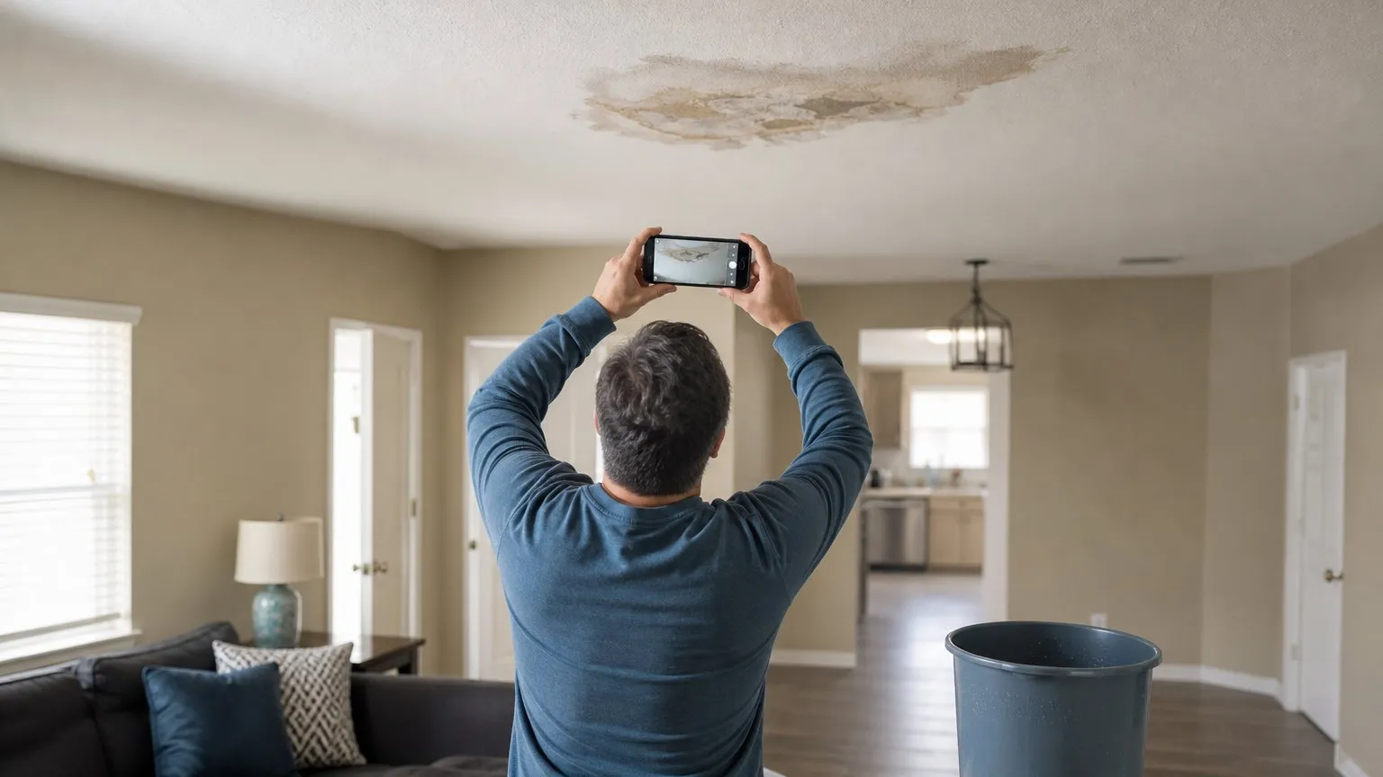 Homeowner photographing ceiling water damage with a phone, a bucket below