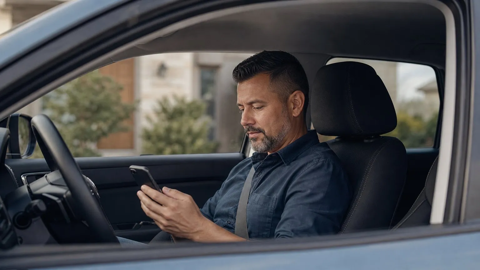 Driver reviewing a policy on a phone while parked