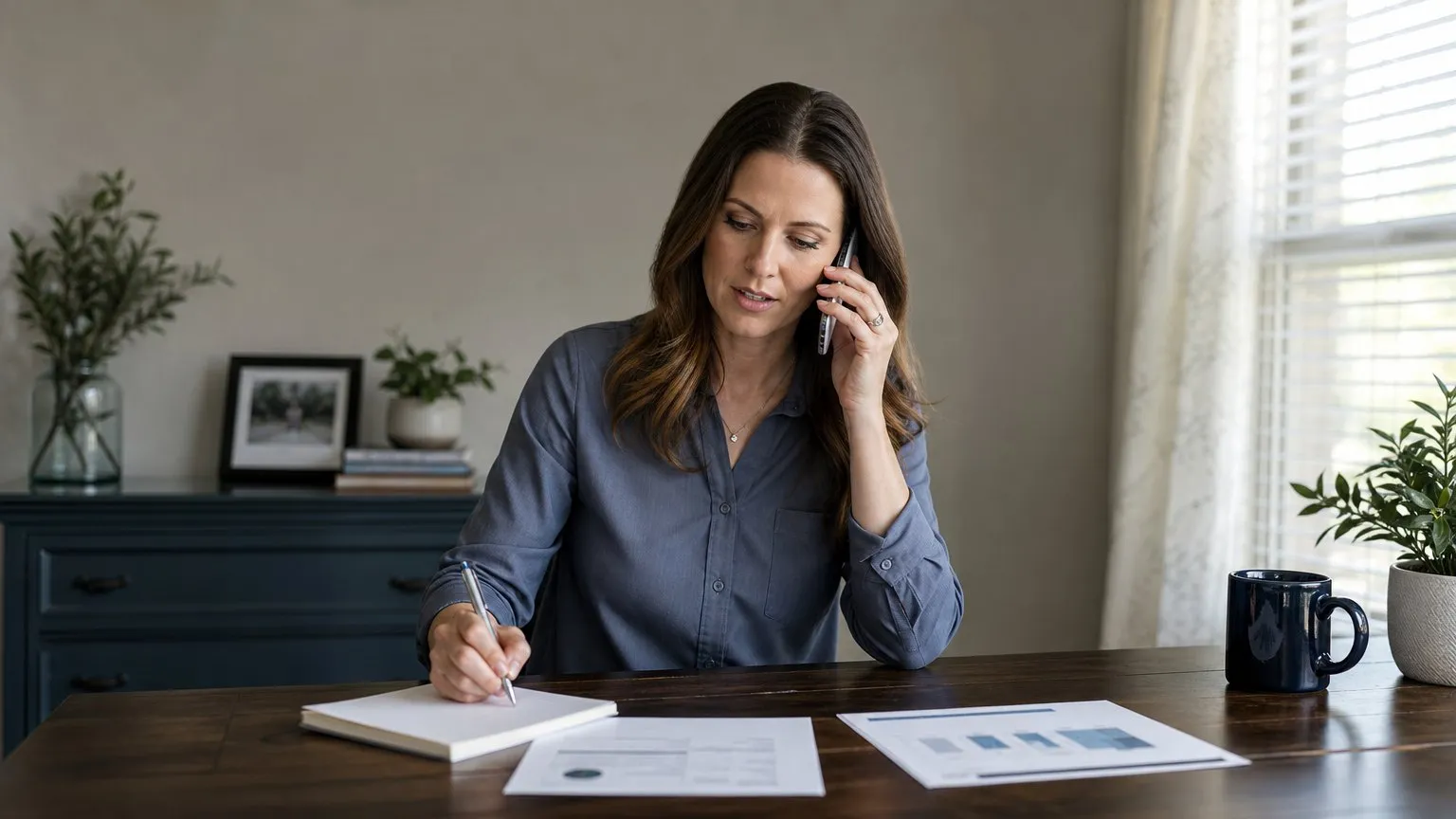 Woman on a phone call at a home desk, taking notes beside a calendar