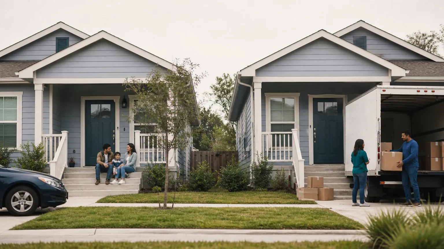 Two neighbouring homes, one owner-occupied and one with tenants moving in