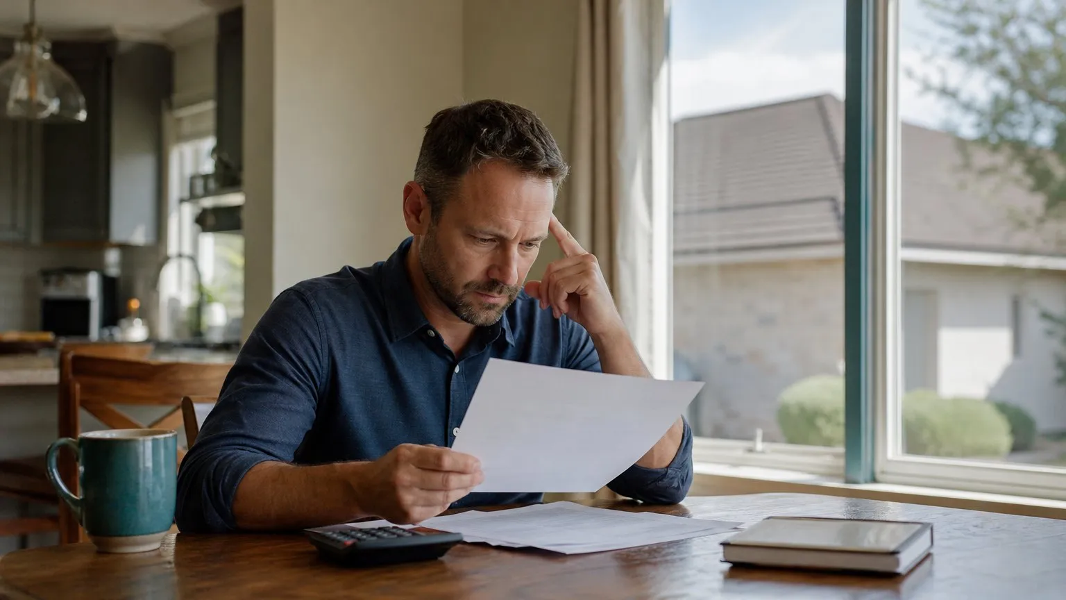 Homeowner reading a home policy declarations page beside a calculator