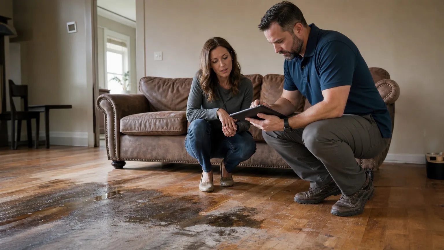 Adjuster and homeowner looking at a water-stained floor and an older sofa