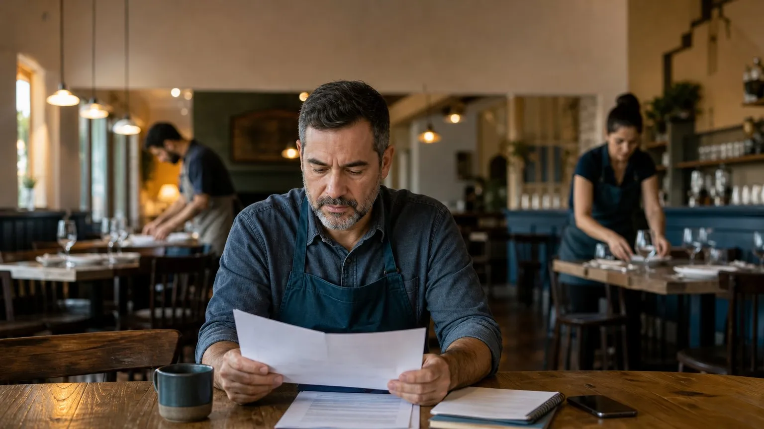 Restaurant owner reviewing papers before service as staff set tables