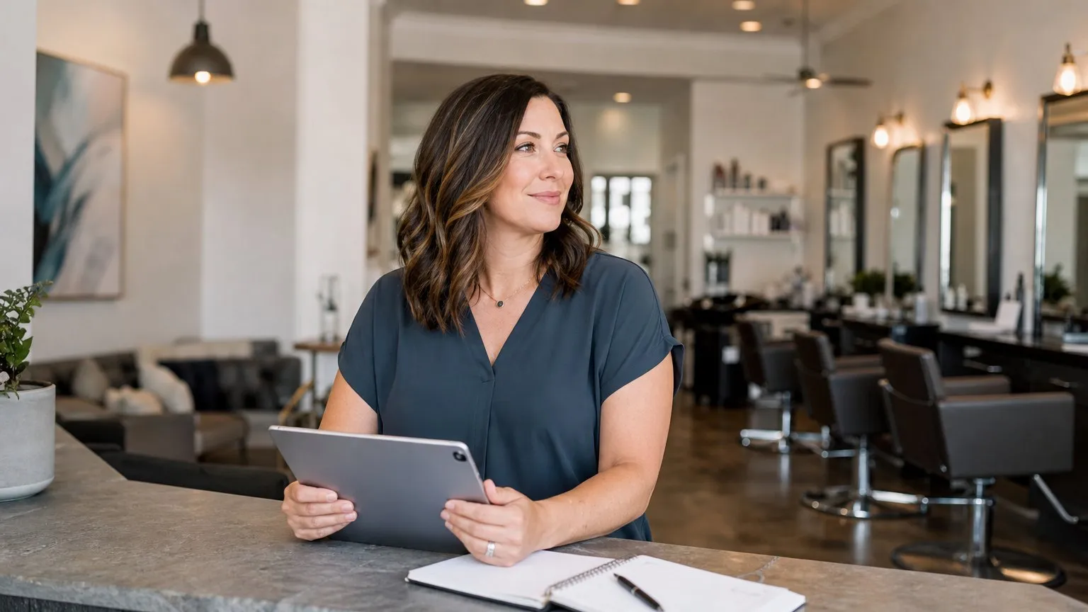 Salon owner at the front desk with a tablet and notebook