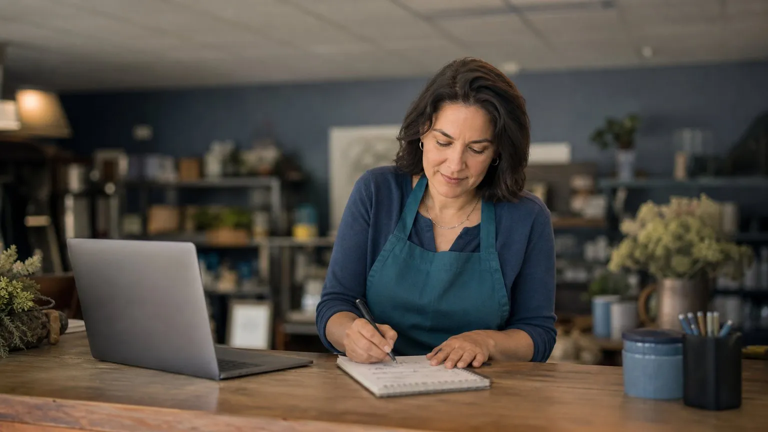 Small-business owner working through a checklist at the shop counter