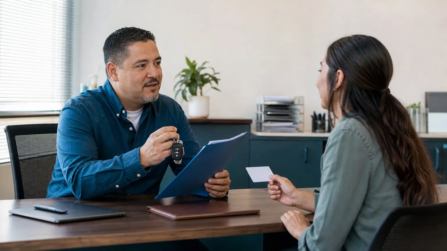 Two people at a desk, one holding car keys and a title folder, the other holding only a licence card