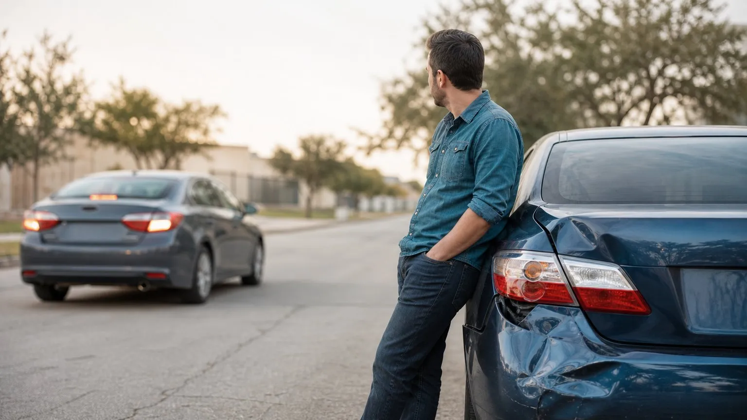Driver beside a dented bumper as the other car drives away