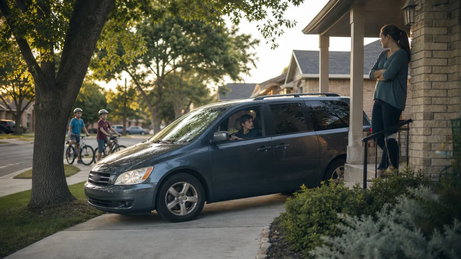 Parent at the front door watching the family minivan back out of the driveway, children on bikes on the sidewalk