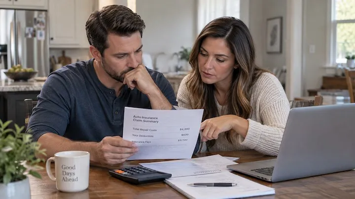 Couple at a kitchen table reviewing an auto insurance claim summary that shows repair costs, the deductible and what insurance pays