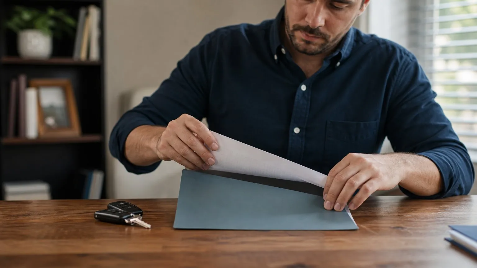 Hands placing a printed state form into a folder beside car keys