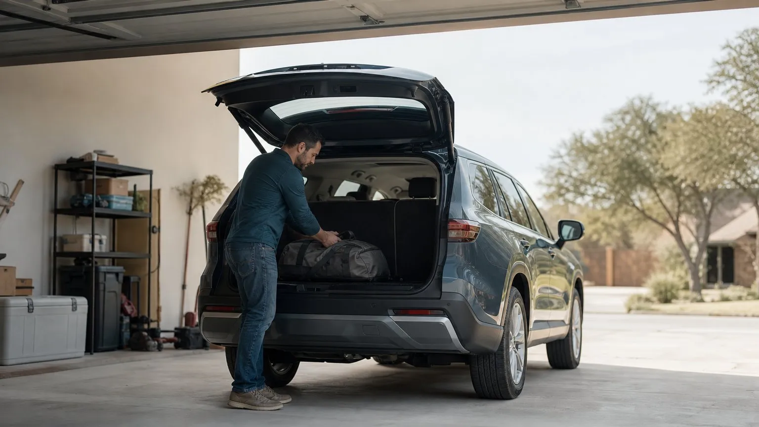 Owner loading a bag into a new SUV parked in an open garage