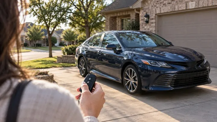Driver holding a key fob in front of a new dark blue sedan parked in a Texas driveway