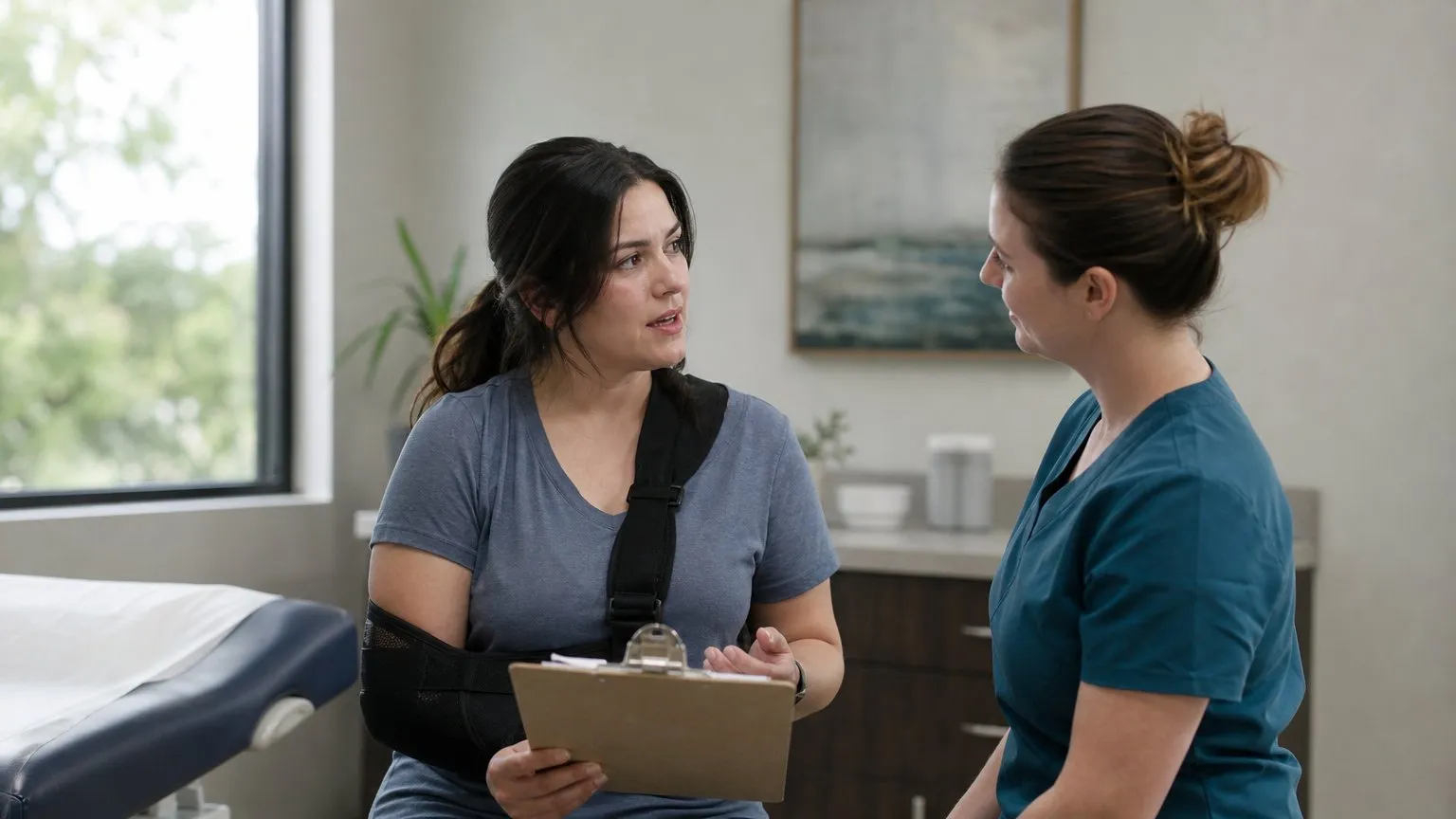 Patient with an arm brace talking with a nurse in a clinic