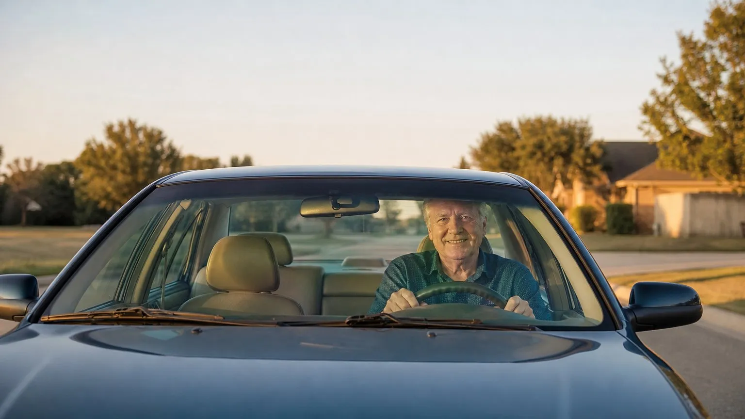 Older driver behind the wheel of a well-kept sedan on a quiet road