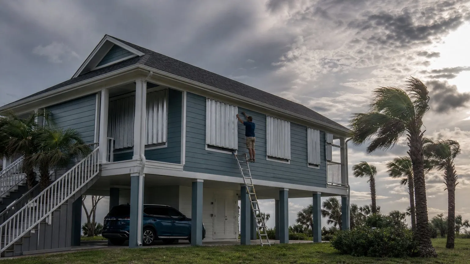 Homeowner on a ladder securing a storm shutter on a raised Gulf Coast home as palms bend in strong wind
