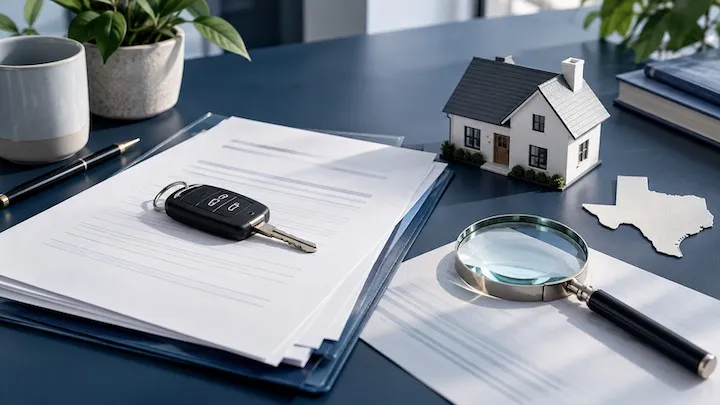 Desk with insurance papers, a car key, a model house, a magnifying glass and a cut-out of Texas