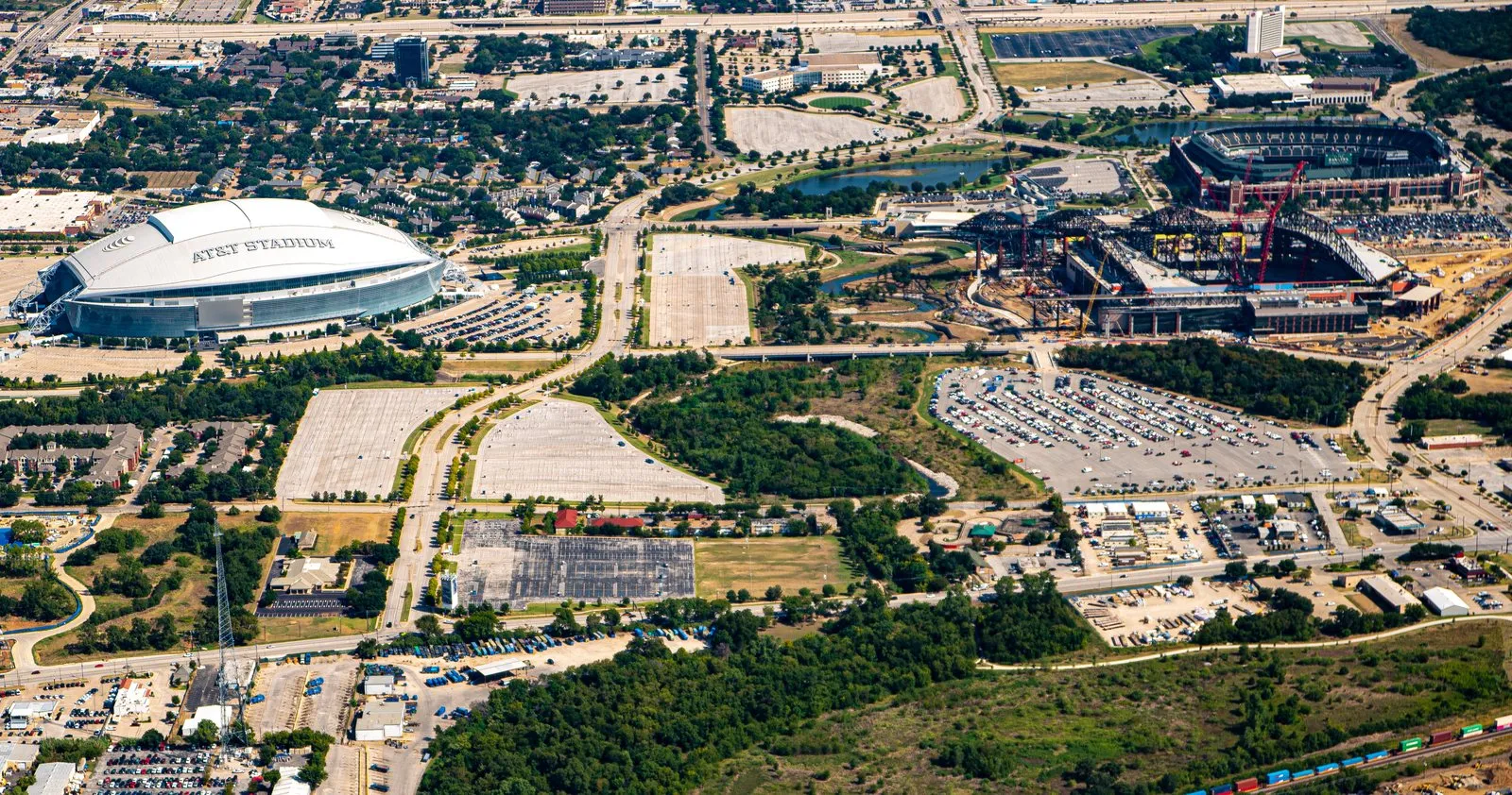 Aerial view of Arlington, Texas, with AT&T Stadium and the entertainment district