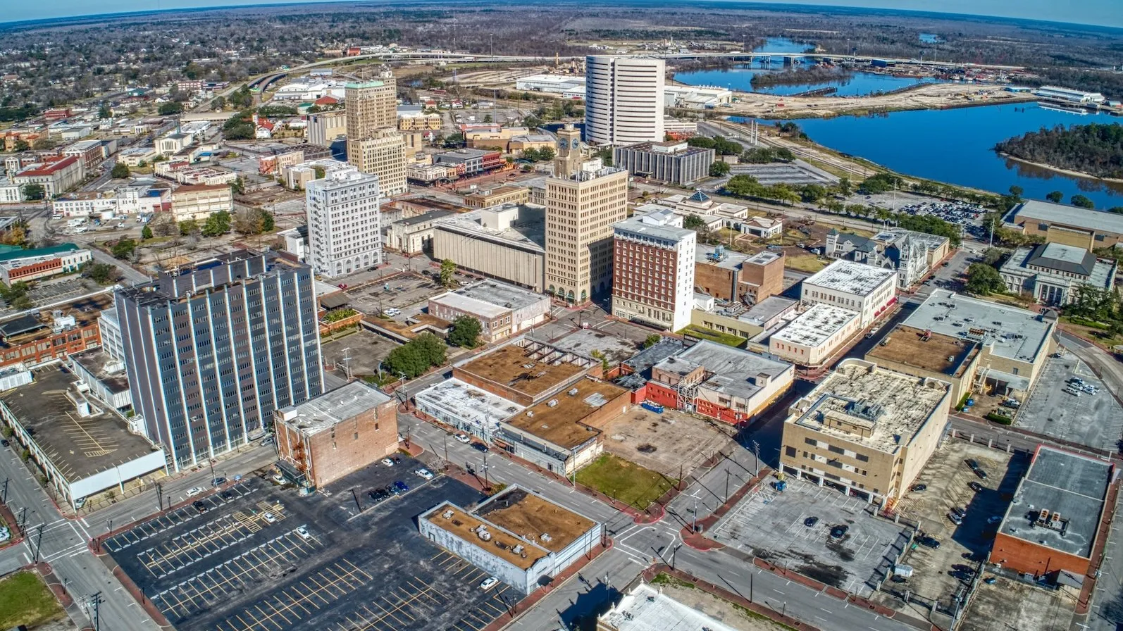 Aerial view of downtown Beaumont, Texas, with the Neches River beyond