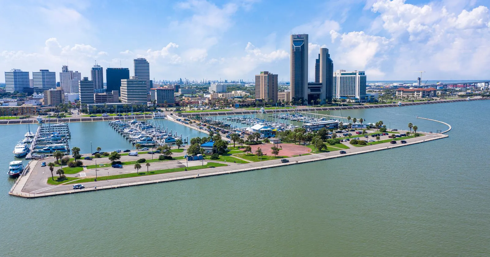 Downtown Corpus Christi, Texas skyline and marina on Corpus Christi Bay