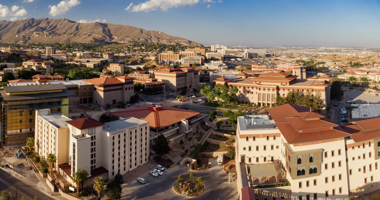 Aerial view of the University of Texas at El Paso campus with the Franklin Mountains behind