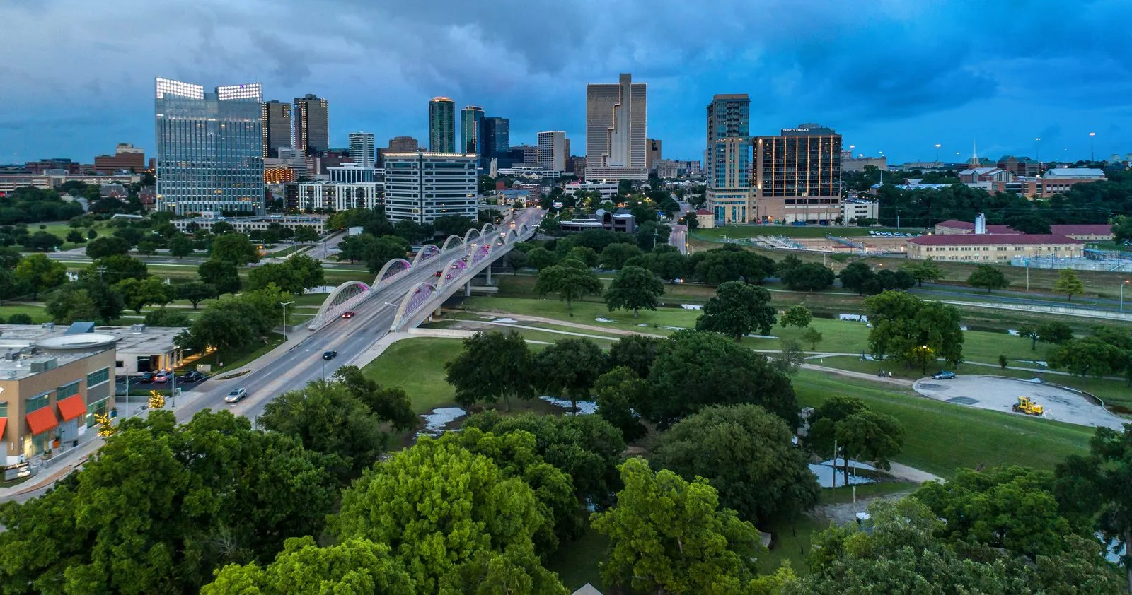 West 7th Street Bridge leading into downtown Fort Worth, Texas at dusk