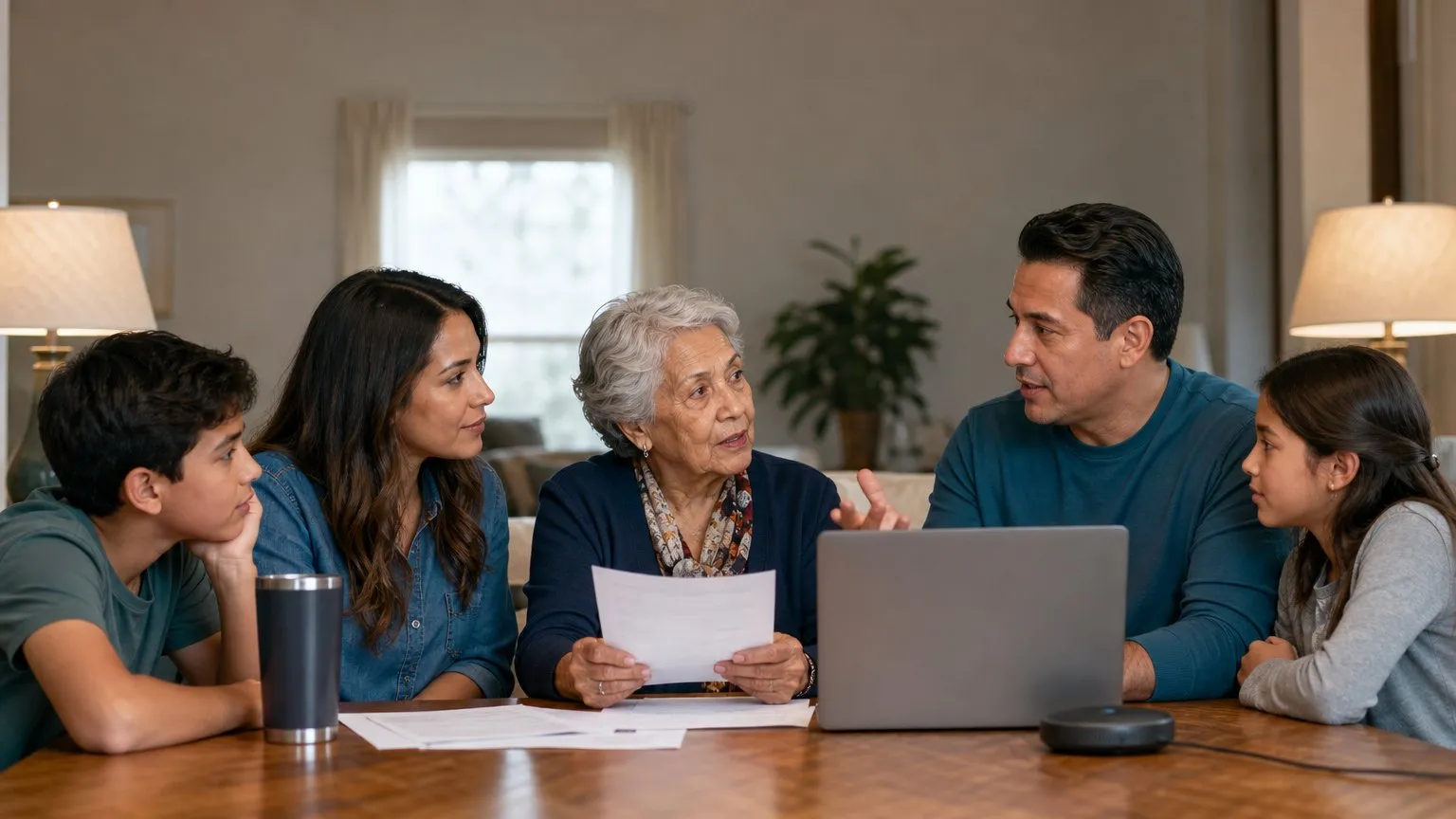 Family at the dining table on a speakerphone call with papers and a laptop