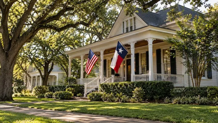 White two-story Texas home with a wraparound veranda flying the U.S. and Texas flags, under live oaks