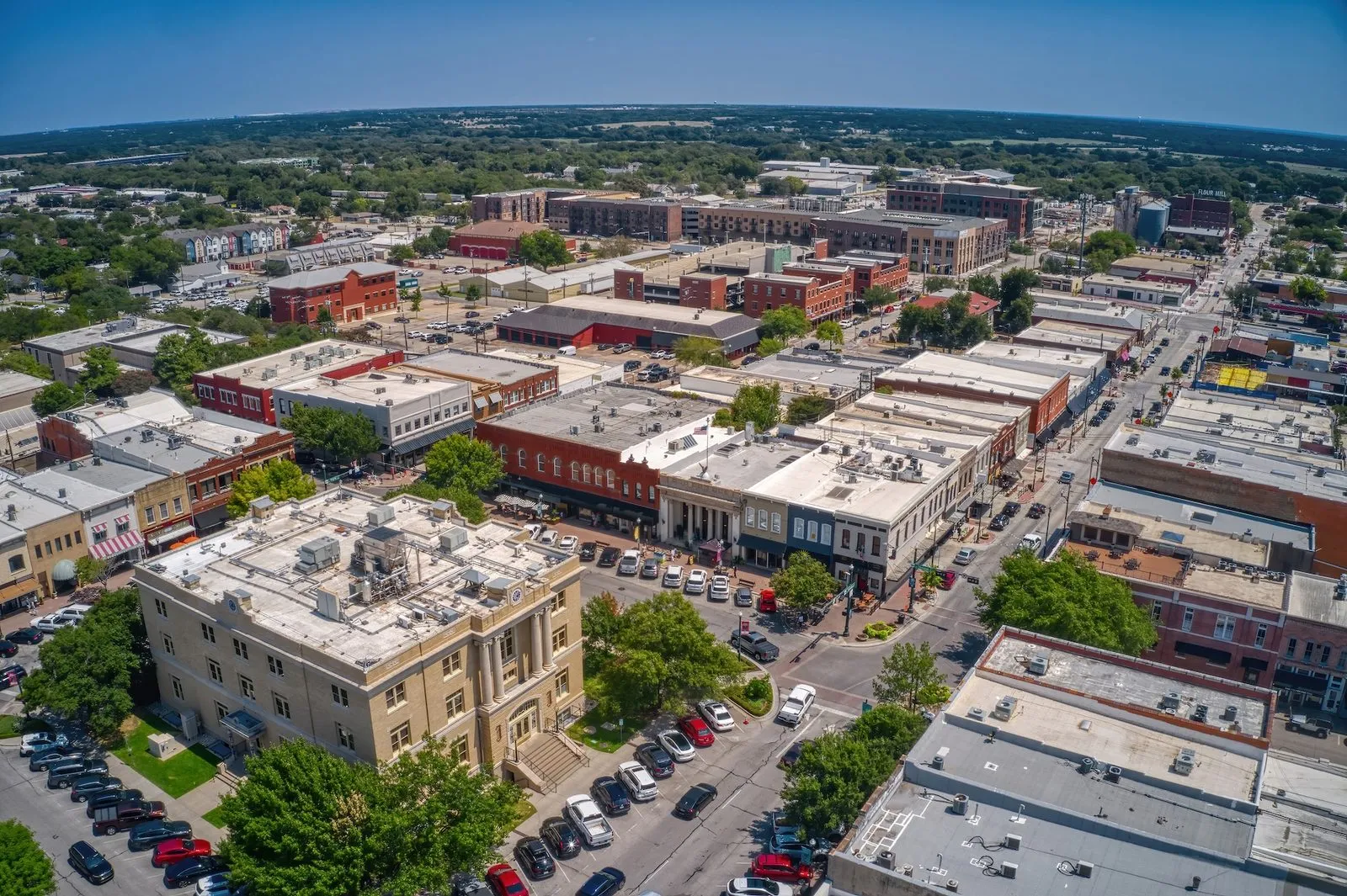 Aerial view of downtown McKinney, Texas, around the historic square