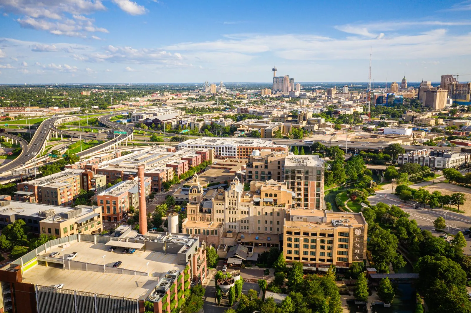 Aerial view of San Antonio, Texas, from the Pearl district toward downtown and the Tower of the Americas
