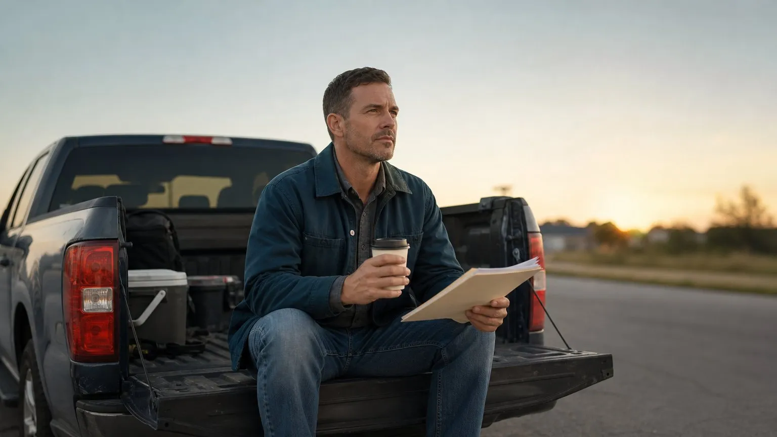 Man on a pickup tailgate at dawn with a coffee and a folder of documents